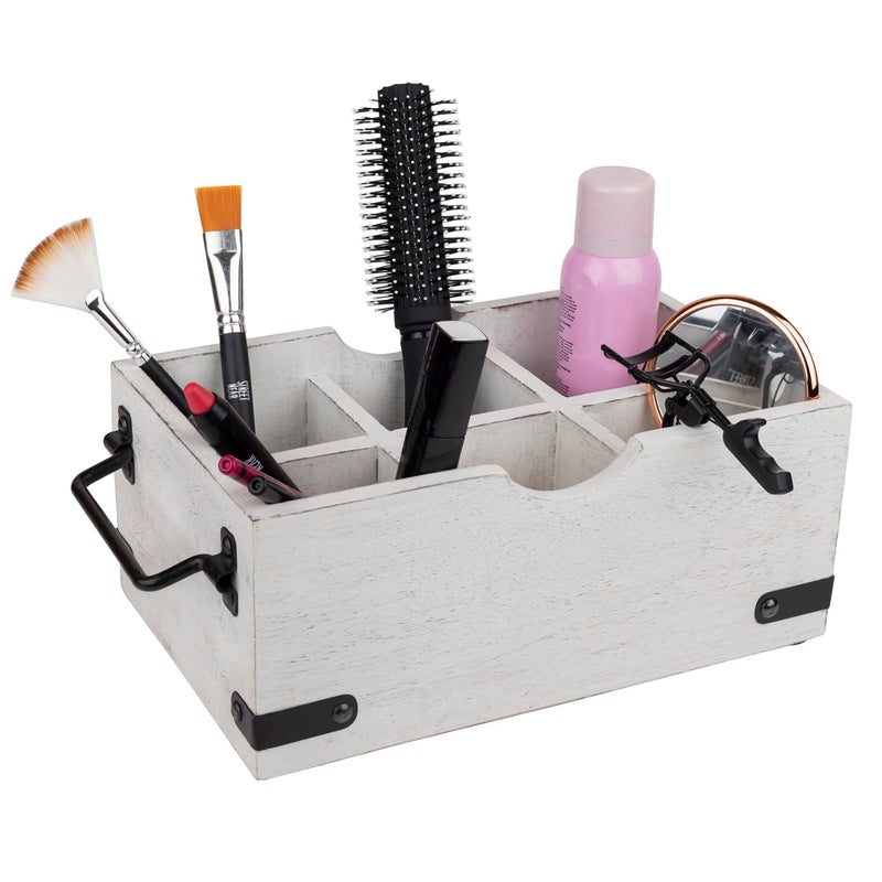 GoCraft 6 Compartment Flatware Caddy, Multipurpose Organiser for Kitchen Cutlery, Dining Silverware Condiments, Arts, Makeup Brushes, White Washed Mango Wood Caddy with Metal Handles - Image 4